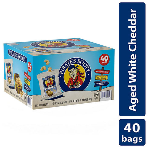Pirate's Booty Aged White Cheddar Puffs, 0.5 oz, 40 Pack - Single-Serve Packs