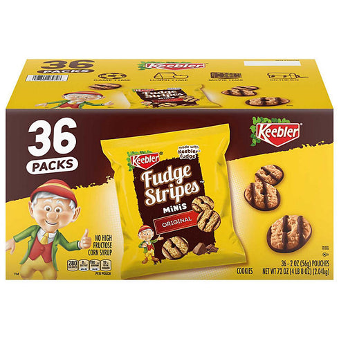 Keebler Mini Fudge Stripe Cookies, 2 oz., 36 Count - Bite-Sized Chocolate-Covered Shortbread Cookies, Perfect for Snacking or Parties, Single-Serve Packs, Sweet Treat