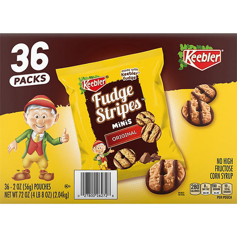 Keebler Mini Fudge Stripe Cookies, 2 oz., 36 Count - Bite-Sized Chocolate-Covered Shortbread Cookies, Perfect for Snacking or Parties, Single-Serve Packs, Sweet Treat