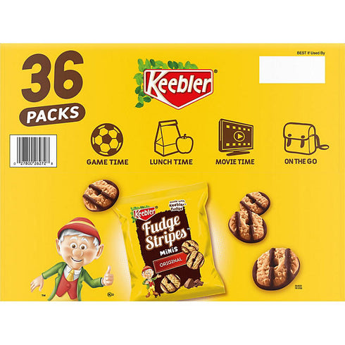Keebler Mini Fudge Stripe Cookies, 2 oz., 36 Count - Bite-Sized Chocolate-Covered Shortbread Cookies, Perfect for Snacking or Parties, Single-Serve Packs, Sweet Treat