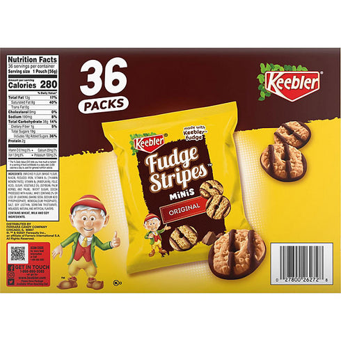 Keebler Mini Fudge Stripe Cookies, 2 oz., 36 Count - Bite-Sized Chocolate-Covered Shortbread Cookies, Perfect for Snacking or Parties, Single-Serve Packs, Sweet Treat