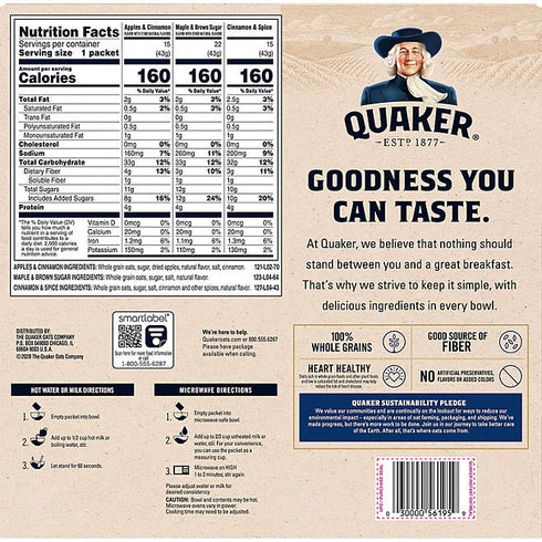 Quaker Instant Oatmeal Variety Pack, 3 flavors in total, 52 packets / 1.51 ounces each, total 74.6 ounces