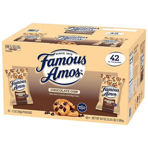 Famous Amos Chocolate Chip Cookies, 2 oz, 42 Pack - Crunchy, Bite-Sized Cookies with Rich Chocolate Chips, Perfect for Snacking, Lunchboxes, or Parties