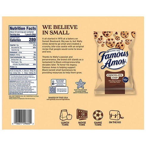 Famous Amos Chocolate Chip Cookies, 2 oz, 42 Pack - Crunchy, Bite-Sized Cookies with Rich Chocolate Chips, Perfect for Snacking, Lunchboxes, or Parties