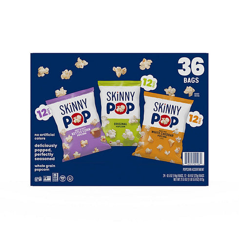 SkinnyPop Variety Snack Pack Popcorn, 0.5 oz., 36 Pack - Light, Crunchy Popcorn, Assorted Flavors