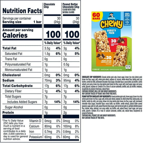 Quaker Chewy Granola Bar, Variety Pack, 60 ct