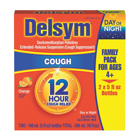 Delsym 12-Hour Cough Relief Liquid, Orange Flavor, 2-Pack, 5 fl. oz. Each, Extended-Release Cough Suppressant