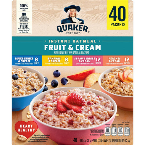Quaker Instant Oatmeal Fruit & Cream, Variety Pack 42.3 oz., 40 pk