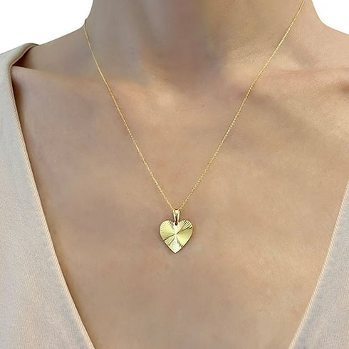 Diamond Cut Swiss Heart Pendant Necklace in Solid 14K Gold