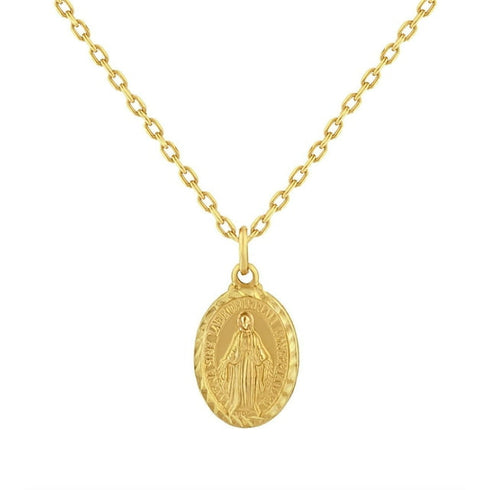 Virgin Mary Oval Pendant Necklace in Solid 14K Gold