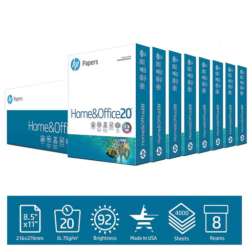 HP Home & Office Copy Paper, 8 Reams (4,000 Sheets) – 92 Brightness, 20 lb., Letter Size 8.5" x 11"