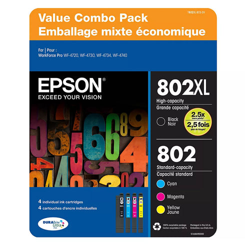 Epson T802 Color Combo Ink Cartridges, 4-Pack – High-Yield Cyan