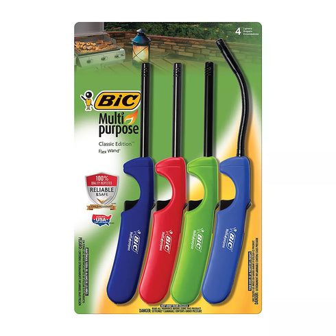 BIC Multi-Purpose Classic Edition & Flex Wand Lighter Set – 4-Pack Long-Reach Lighters for Grilling, Candles & Fireplaces