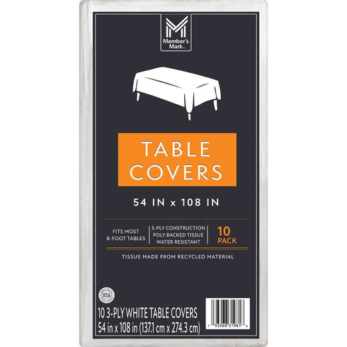 Member's Mark White 3-Ply Tissue Tablecovers, 54"" x 108"", 10 pk