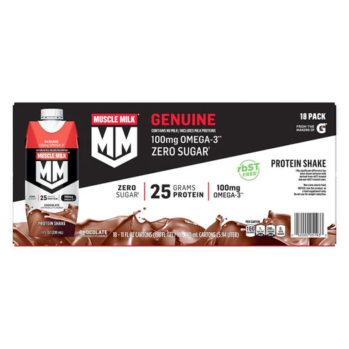 18-pack, Each 11 fl oz - Muscle Milk Genuine Protein Shake, 25g Protein, Non-Dairy, Chocolate, Ready-to-Drink Shake for Workout Recovery & Meal Replacement