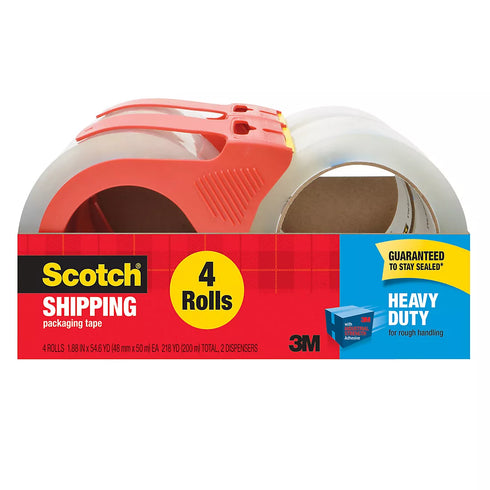 Scotch Heavy-Duty Shipping Packaging Tape with Dispensers, 4-Roll Pack