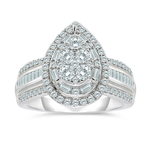 0.95 Carat Pear Shaped Halo Cluster Diamond Ring in 14K Gold
