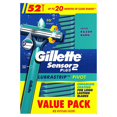 Gillette Sensor2 Plus Men's Disposable Razors Pivoting Head Lubrastrip, 52 Count