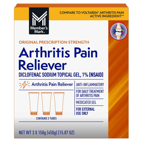 Member's Mark Arthritis Pain Reliever Topical Gel 1% NSAID, Diclofenac Sodium 150 mg, 3-Pack, Fast-Acting Joint Pain Relief