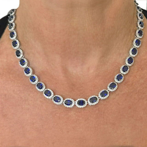 Oval Cut Lab Created Gemstone Halo Tennis Necklace in Sterling Silver