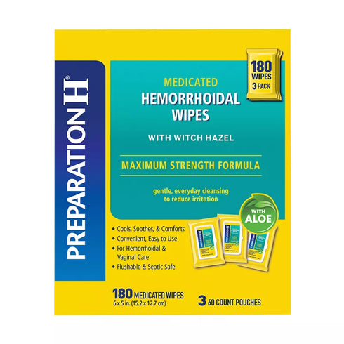 Preparation-H Maximum Strength Medicated Hemorrhoidal Wipes with Witch Hazel and Aloe, 180 ct