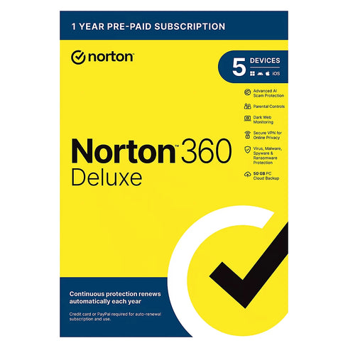 Norton 360 Deluxe – 1-Year Antivirus & VPN Subscription for 5 Devices with Auto Renewal