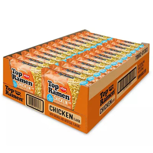 Nissin Top Ramen Chicken Noodle Soup, 3 oz., 24 Pack - Savory Chicken Flavor, Quick & Easy Meal or Snack, Perfect for Home or On-the-Go, Convenient Bulk Pack
