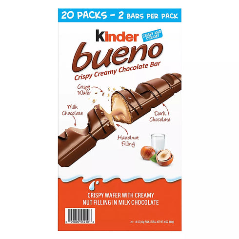 Kinder Bueno Milk Chocolate & Hazelnut Cream Bars – Bulk Pack, Individually Wrapped, 20 Count