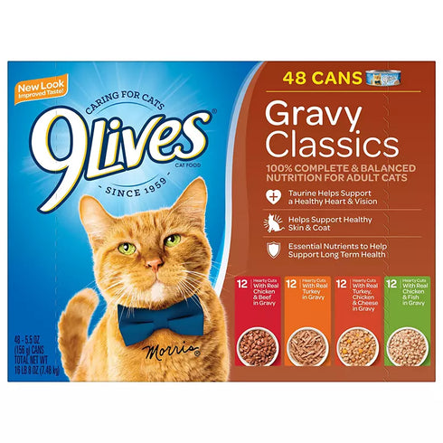 9Lives Gravy Classics Wet Cat Food Variety Pack, 48 pk – Tender Cuts in Savory Gravy for Complete & Balanced