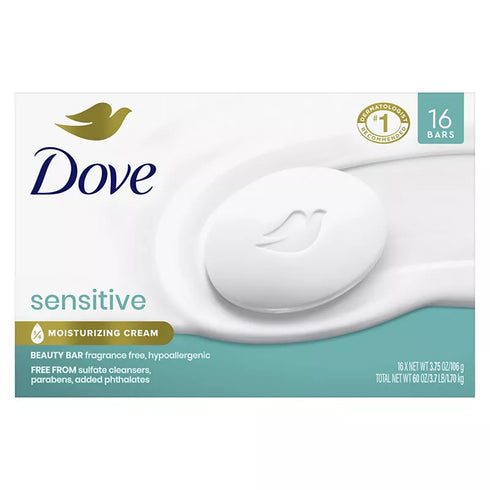 Dove Beauty Bar Soap Sensitive, Fragrance Free & Hypoallergenic, 16 ct./3.75 oz