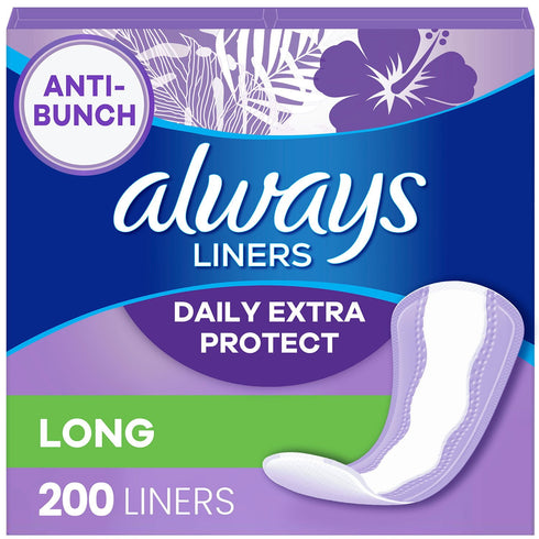 Always Anti-Bunch Xtra Protection Daily Liners, Unscented, Long, 200 ct