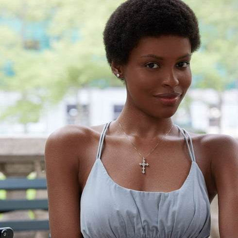 Baguette and Round Cut Diamond Cross Pendant Necklace in 14K Gold