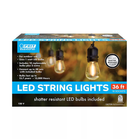 Feit Electric 36' LED String Lights – 18-Socket Outdoor/Indoor Energy-Efficient Decorative Lighting
