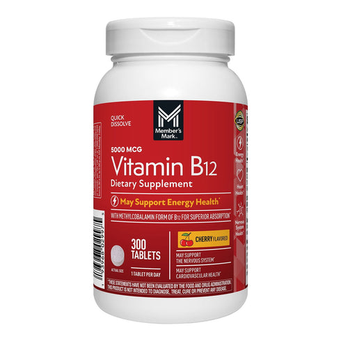 Member’s Mark Vitamin B12 Quick Dissolve Tablets, 5000 mcg, Cherry, 300 ct