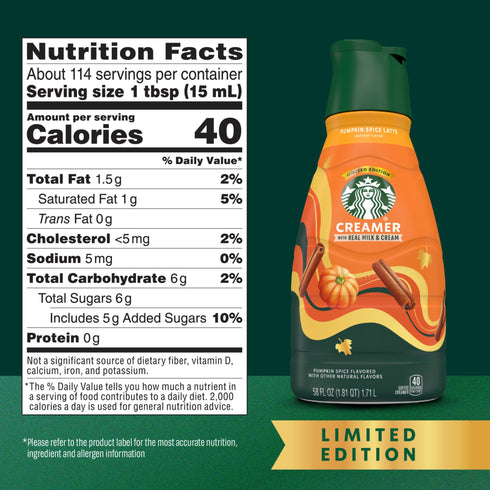 Starbucks Pumpkin Spice Flavored Coffee Creamer, Dairy Coffee Creamer, 58 fl. oz.