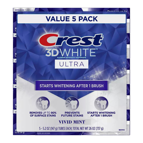 Crest 3D White Ultra Whitening Toothpaste Vivid Mint, 5 Pack 5.2 oz Each