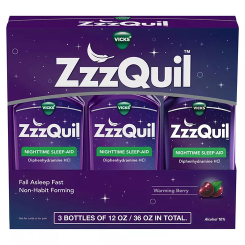 ZzzQuil Liquid Sleep Aid, Diphenhydramine 50mg HCl, Nighttime Sleep Aid Liquid, 3 pk./12 fl. oz
