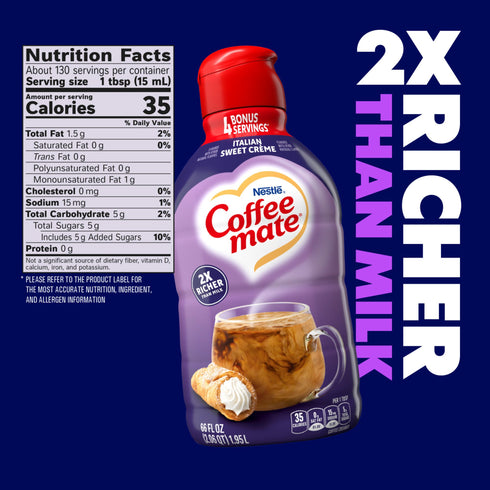 Coffee Mate Italian Sweet Creme Flavored Coffee Creamer, Non-Dairy, Gluten-Free, 130 Servings, 66 fl oz.