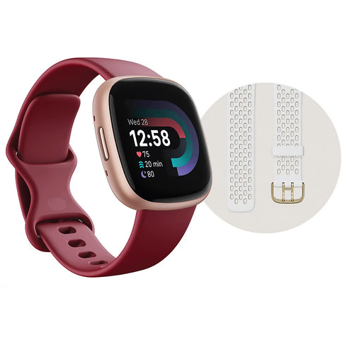 Fitbit Versa 4 Fitness Smartwatch Bundle – Beet Juice/Copper Rose with Bonus Band