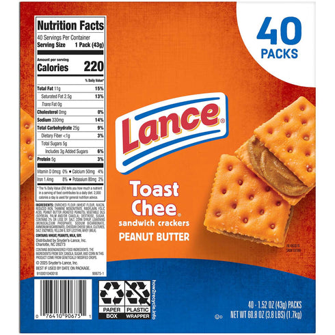 Lance ToastChee Peanut Butter Crackers - 40 Count Bulk Pack, 1.52 oz Individual Snacks for Lunchbox Office and On-the-Go