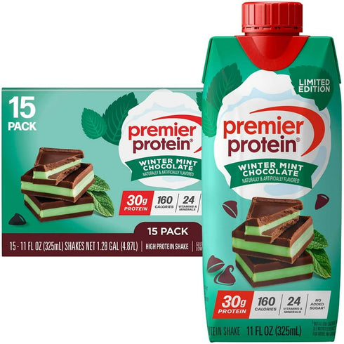Premier Protein 30g High Protein Shake, Winter Mint Chocolate Flavor, 11 fl. oz., 15-Pack, Meal Replacement & Muscle Support