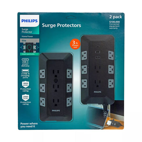 Philips 17-Outlet Surge Tap & Protector Combo Pack – Heavy-Duty Multi-Outlet Power Hub, Black/Gray
