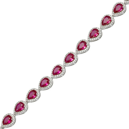 Pear Cut Lab Created Gemstone Halo Tennis Bracelet in Sterling Silver