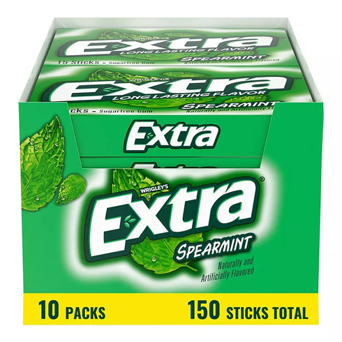 Extra Gum Spearmint Sugar-Free Chewing Gum, 15 Pieces Per Pack, 10 pk.