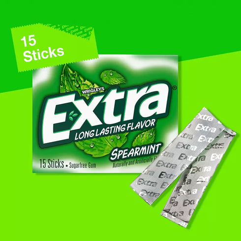 Extra Gum Spearmint Sugar-Free Chewing Gum, 15 Pieces Per Pack, 10 pk.