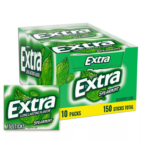 Extra Gum Spearmint Sugar-Free Chewing Gum, 15 Pieces Per Pack, 10 pk.