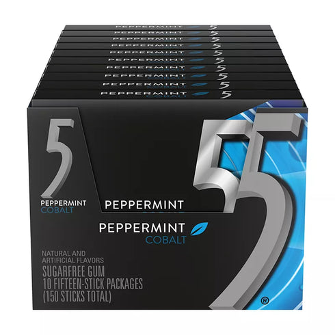 5 Gum Peppermint Cobalt Sugar Free Chewing Gum, 15 Sticks Per Pack, 10 pk.