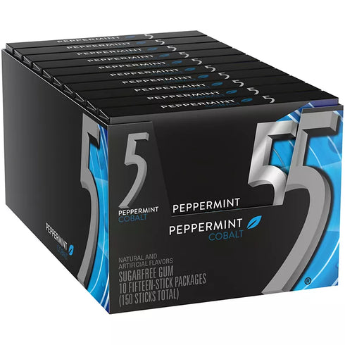 5 Gum Peppermint Cobalt Sugar Free Chewing Gum, 15 Sticks Per Pack, 10 pk.