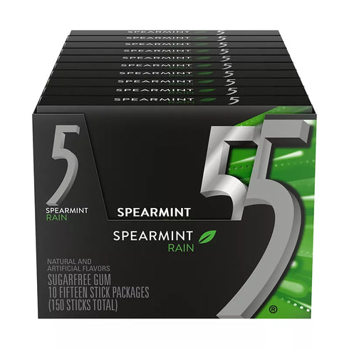 5 Gum Spearmint Rain Sugarfree Gum, 15 Sticks Per Pack, 10 pk.
