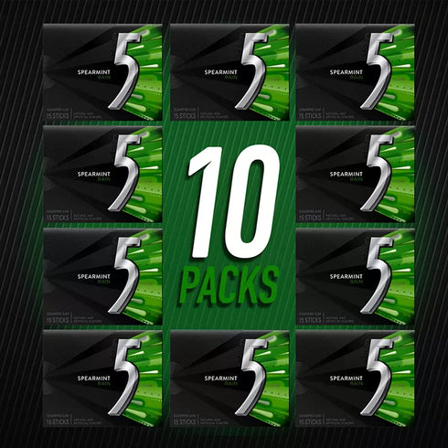 5 Gum Spearmint Rain Sugarfree Gum, 15 Sticks Per Pack, 10 pk.